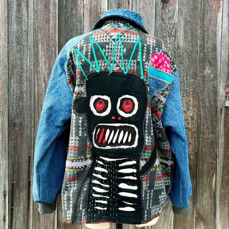 South Western Print Denim Jacket with Lady Liberty motif