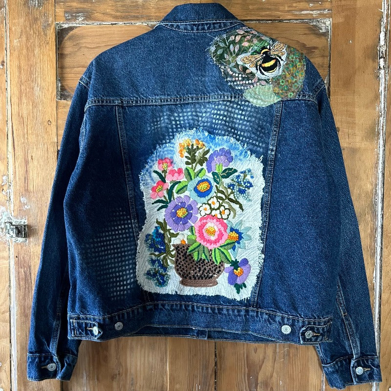 Denim Jacket with Flowers, Butterflies, and Bees