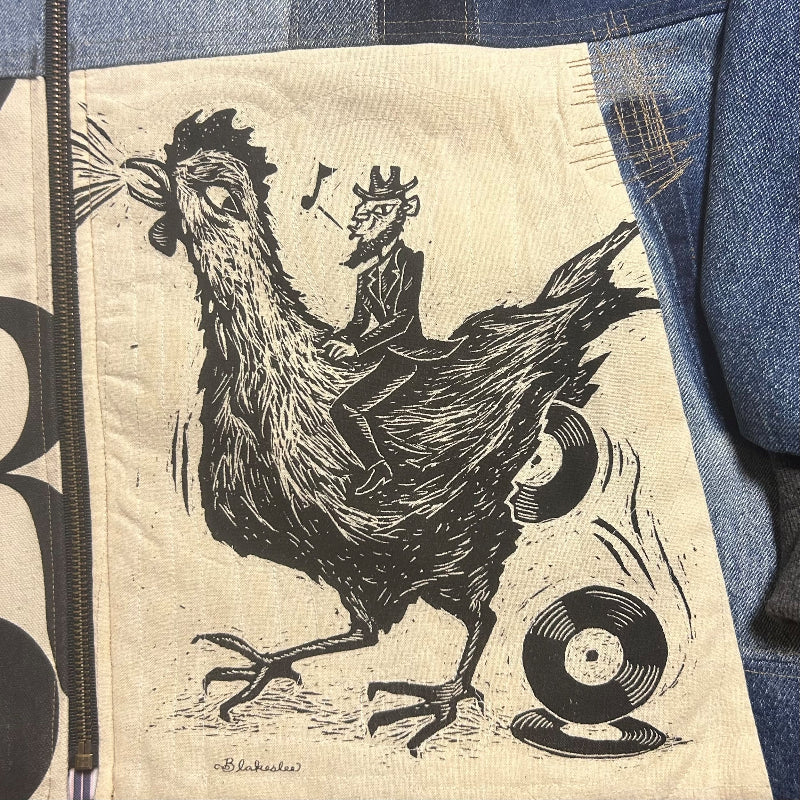Patchwork Denim Jacket with New Yorker Tote and Original Art by Dan Blakesley