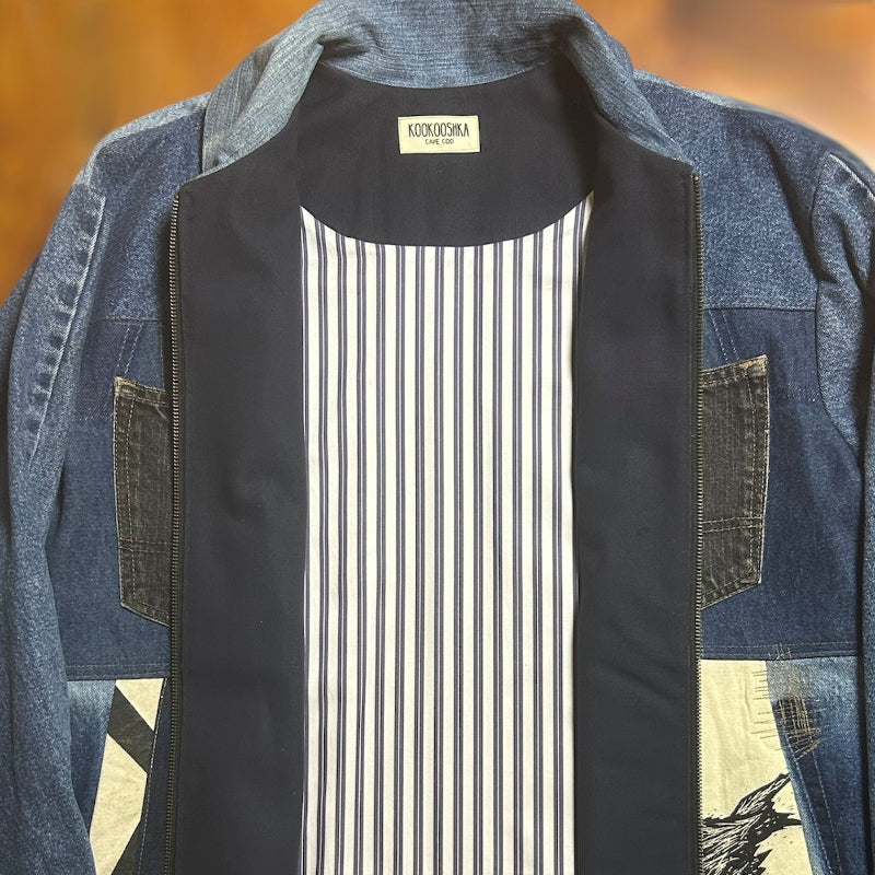 Patchwork Denim Jacket with New Yorker Tote and Original Art by Dan Blakesley