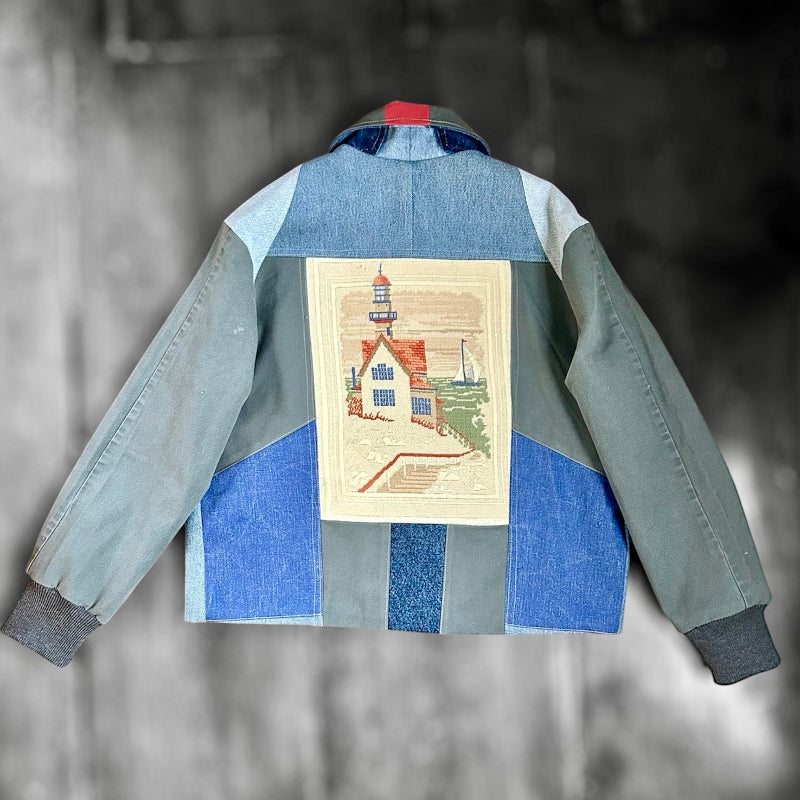 Patchwork Denim Chore Jacket with Canvas WW2 Flour Bag and Vintage Needle Point
