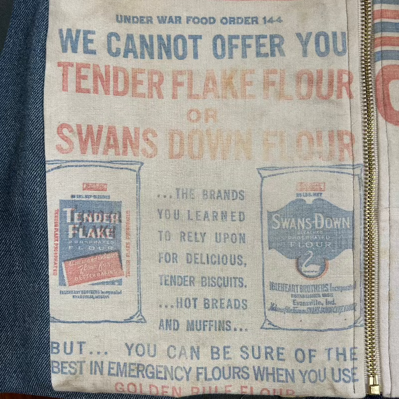 Patchwork Denim Chore Jacket with Canvas WW2 Flour Bag and Vintage Needle Point