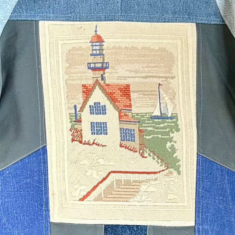 Patchwork Denim Chore Jacket with Canvas WW2 Flour Bag and Vintage Needle Point