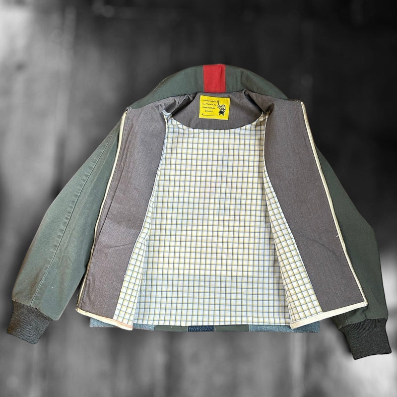 Patchwork Denim Chore Jacket with Canvas WW2 Flour Bag and Vintage Needle Point