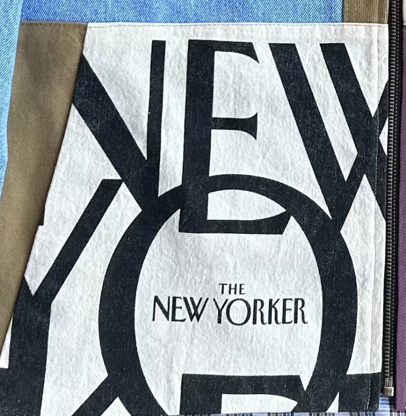 Patchwork Denim Jacket with Iconic New Yorker Totes and Mamma Print
