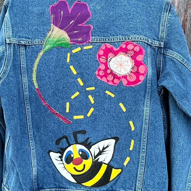Quilt and Denim Jacket with floral appliques
