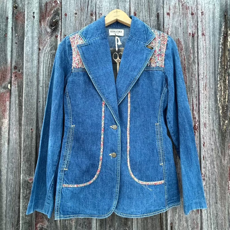 Denim Blazer with Antique Needle Point Hummingbird Applique