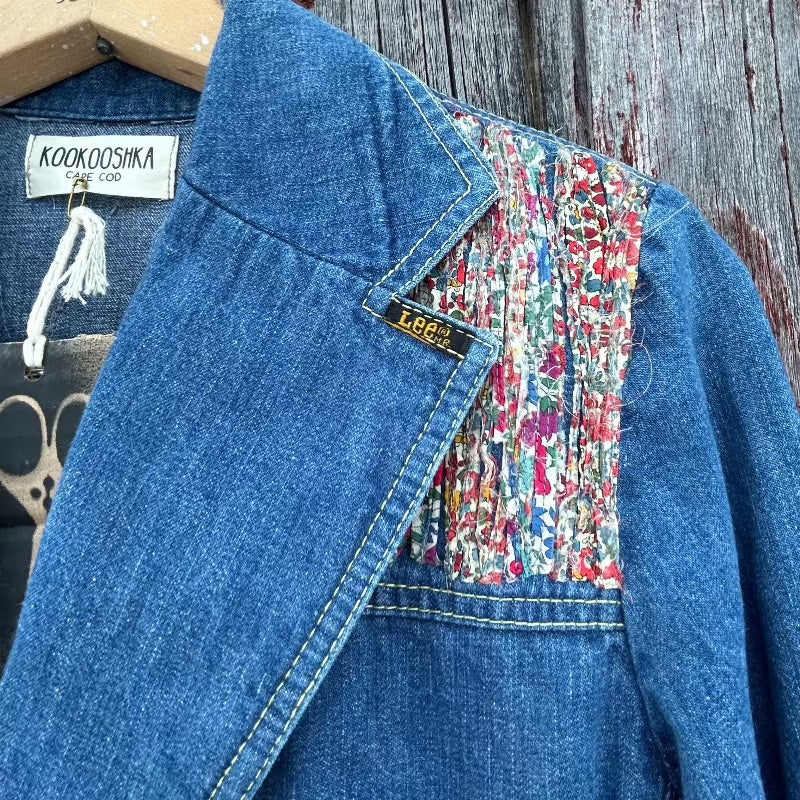 Denim Blazer with Antique Needle Point Hummingbird Applique