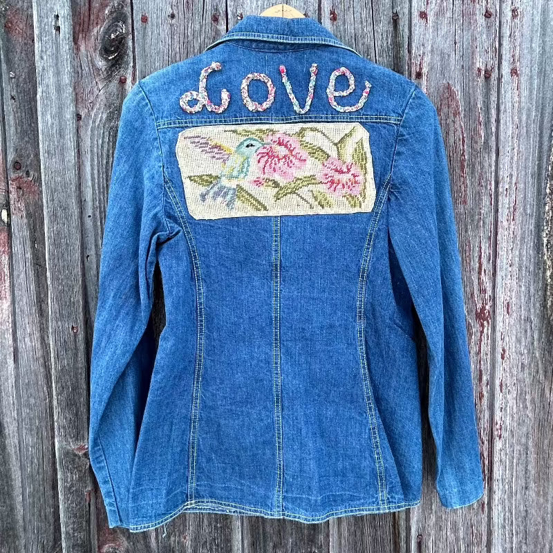 Denim Blazer with Antique Needle Point Hummingbird Applique