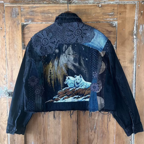Crop style Denim Jacket with Wolves applique