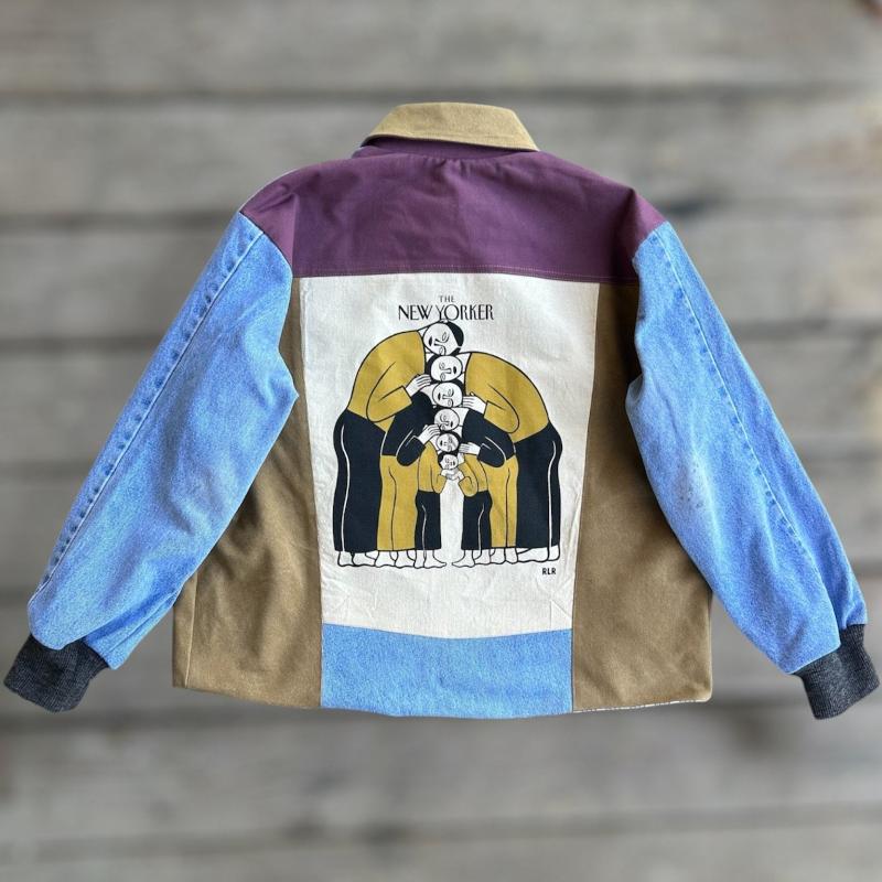 Patchwork Denim Jacket with Iconic New Yorker Totes and Mamma Print