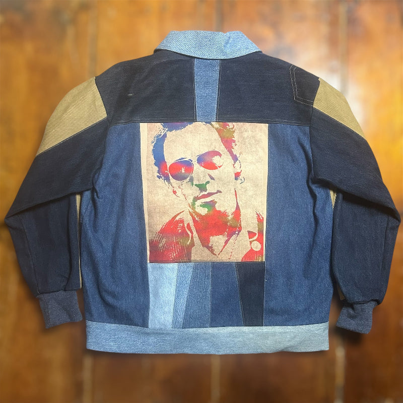 Patchwork Quilted Denim Jacket with Rolling Stone and "The Boss"
