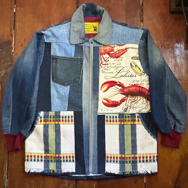 Patchwork Denim Jacket with Lobster and Lighthouse Graphics