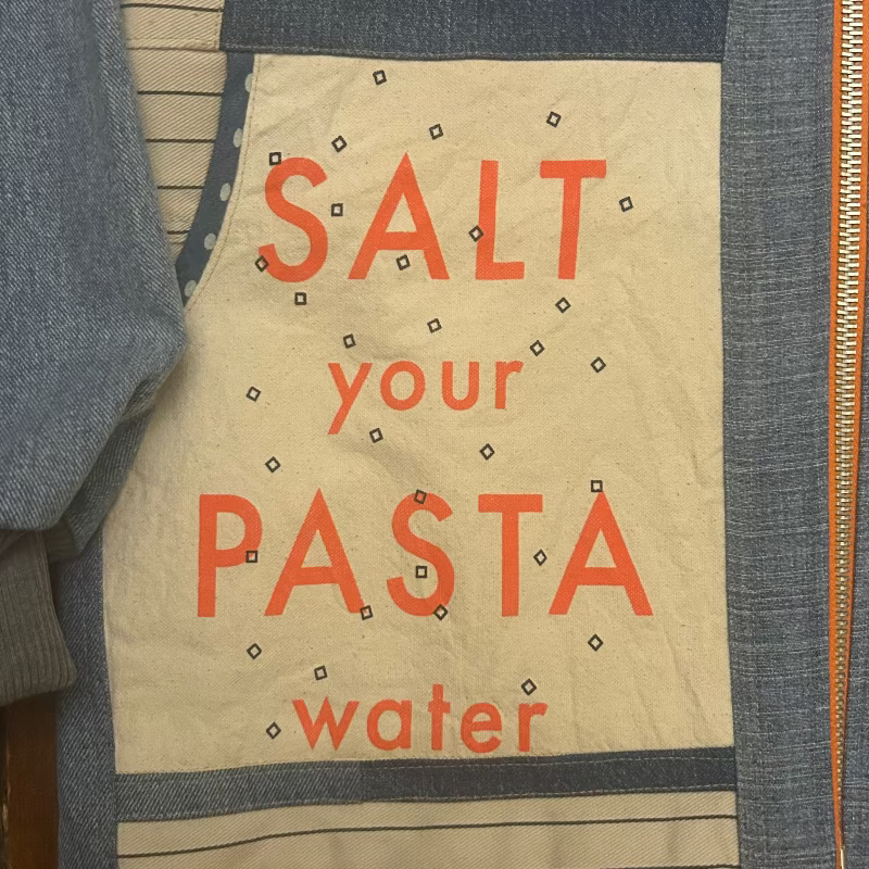 Patchwork Denim Jacket with Iconic New Yorker Tote and Salt Your Pasta Water