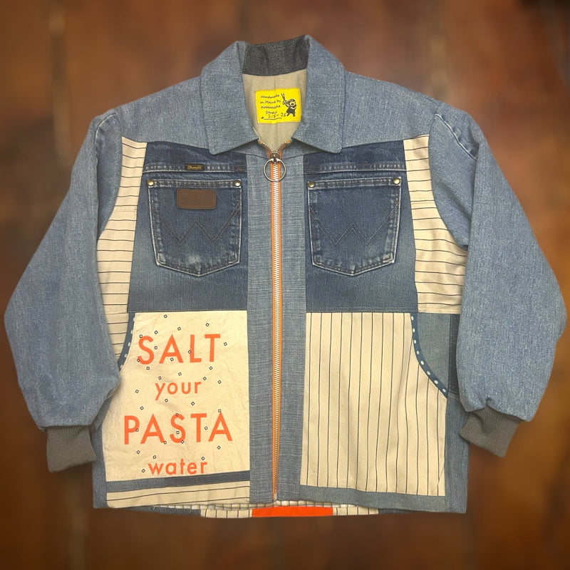 Patchwork Denim Jacket with Iconic New Yorker Tote and Salt Your Pasta Water