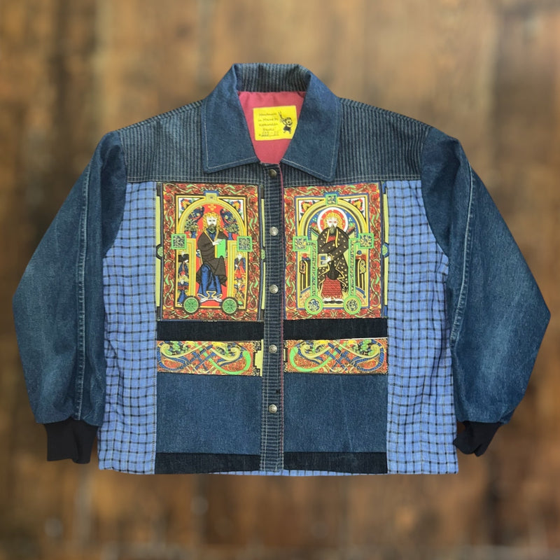 Patchwork Denim Chore Jacket with St Francis and St Matthew Images