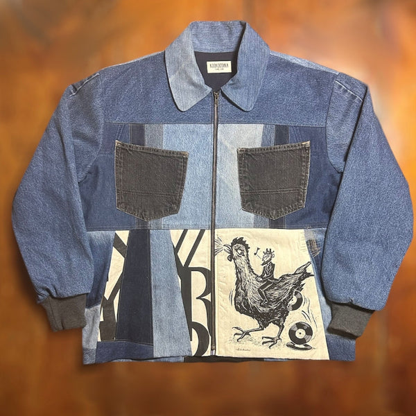 Patchwork Denim Jacket with New Yorker Tote and Original Art by Dan Blakesley