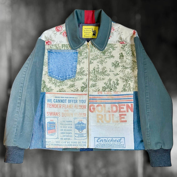 Patchwork Denim Chore Jacket with Canvas WW2 Flour Bag and Vintage Needle Point