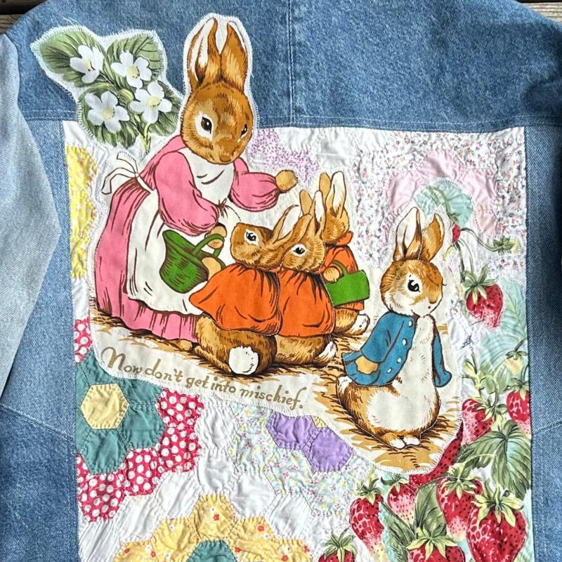 Quilted Denim Jacket featuring Vintage Beatrix Potter Fabric Appliques