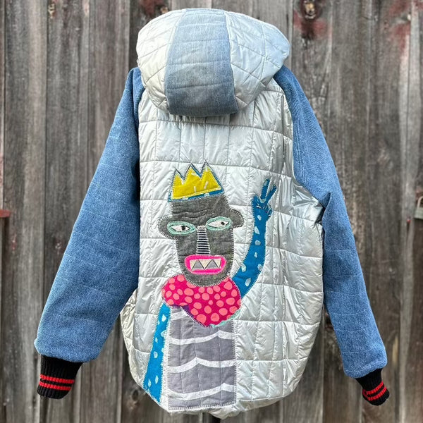 Hooded Denim and Silver Puffer with Peace King motif