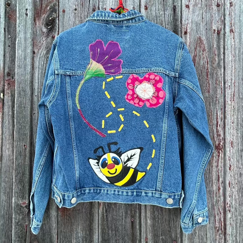 Quilt and Denim Jacket with floral appliques