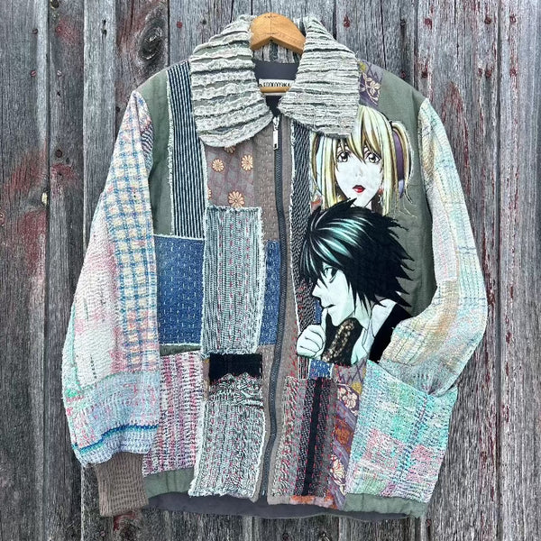 Upcycled Jacket from Kantha, Antique quilt, and Vintage Japanese Linen featuring Death Note Applique