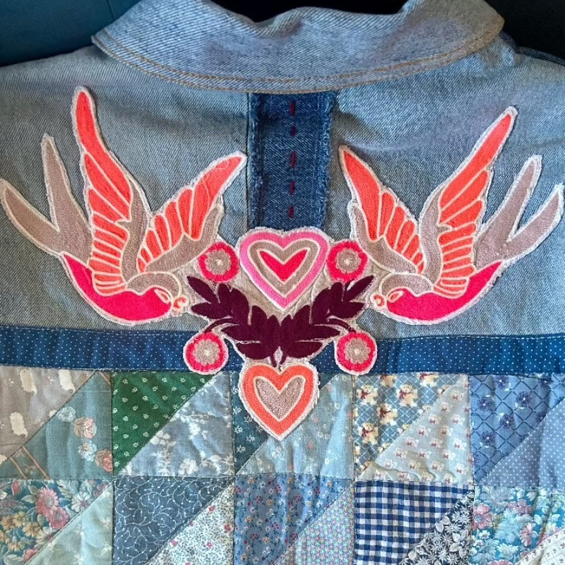 Quilted Denim Jacket with Love Bird Applique