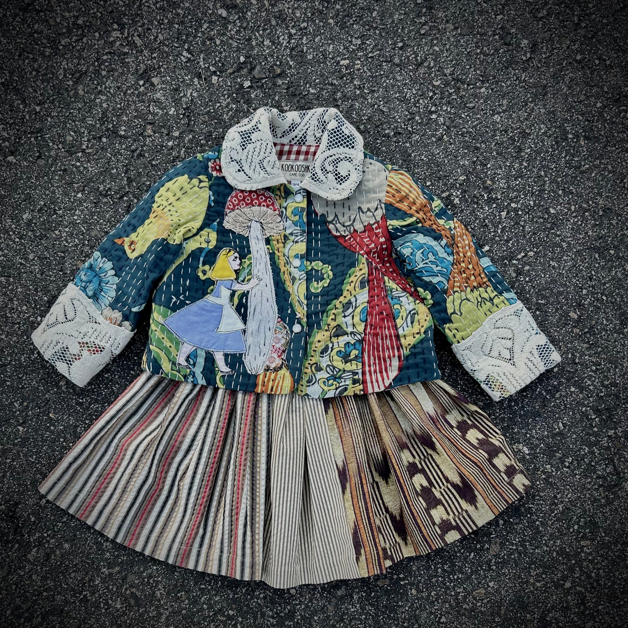 Quilted Jacket and Skirt Outfit with Alice In Wonderland Applique