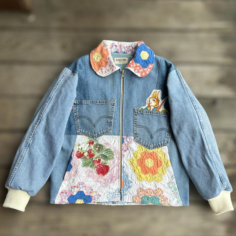 Quilted Denim Jacket featuring Vintage Beatrix Potter Fabric Appliques