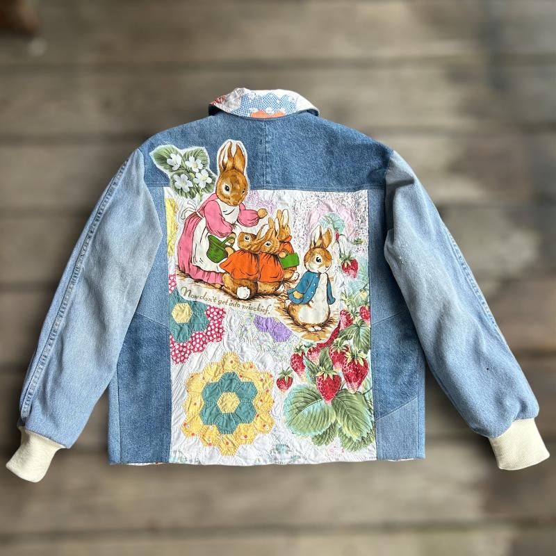 Quilted Denim Jacket featuring Vintage Beatrix Potter Fabric Appliques