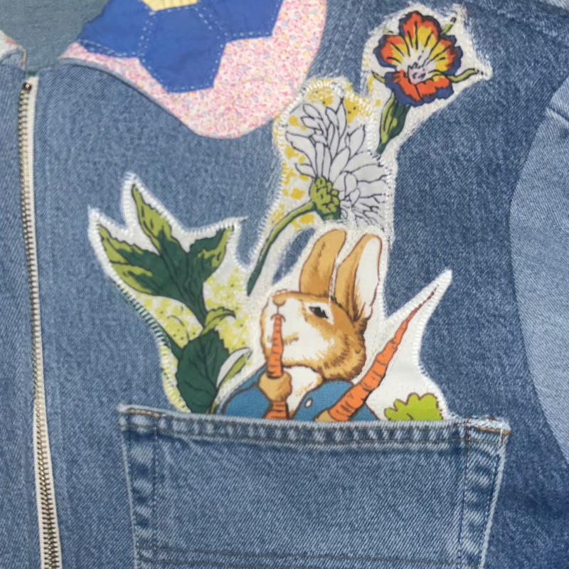 Quilted Denim Jacket featuring Vintage Beatrix Potter Fabric Appliques