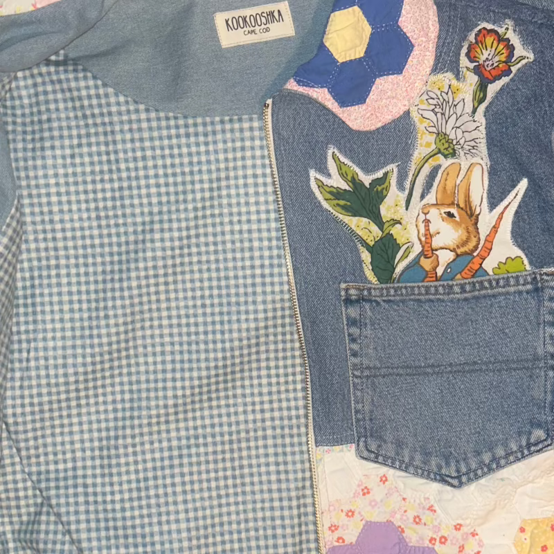 Quilted Denim Jacket featuring Vintage Beatrix Potter Fabric Appliques