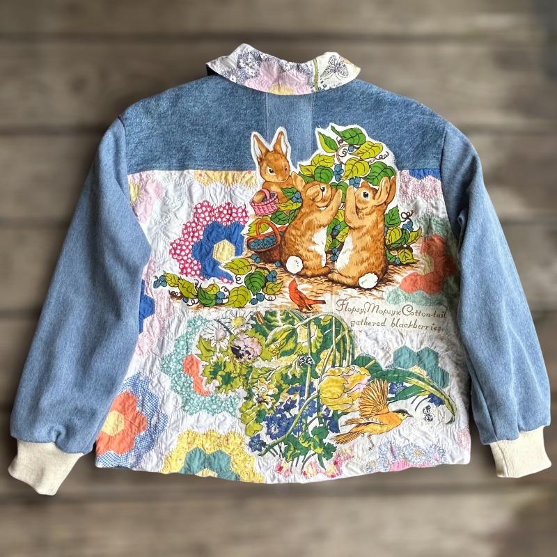 Quilted Denim Jacket featuring Vintage Beatrix Potter Fabric Appliques