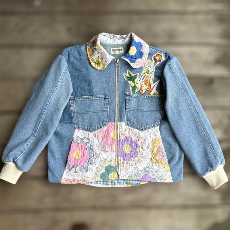 Quilted Denim Jacket featuring Vintage Beatrix Potter Fabric Appliques