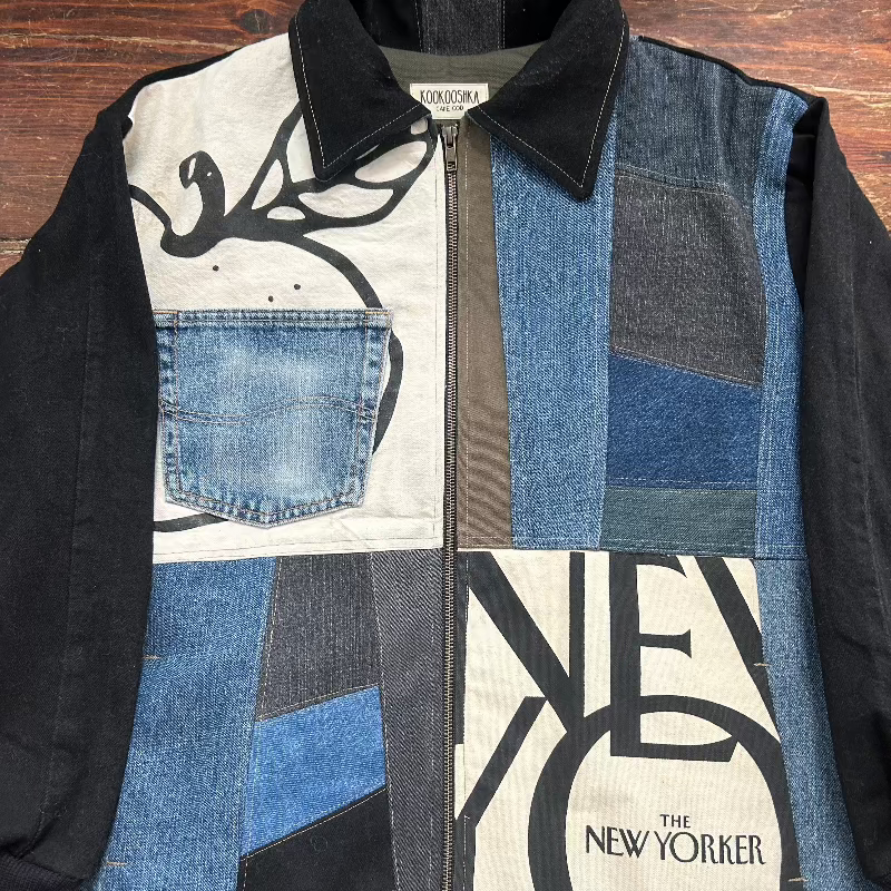 Patchwork Denim Jacket with Big Apple and Monster Graphics