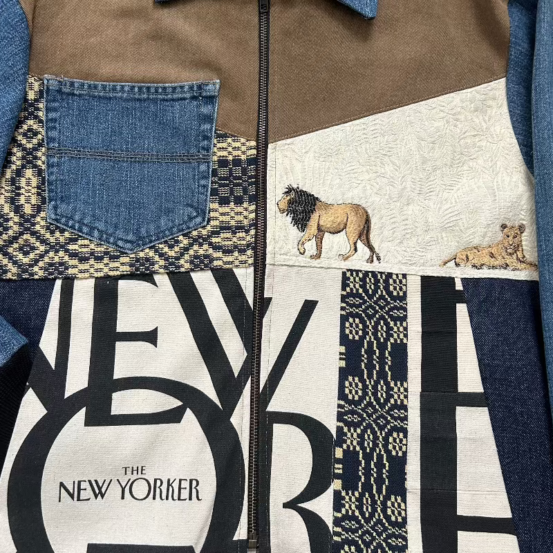 Patchwork Denim Jacket with Lions, New Yorker, and Matryoshka