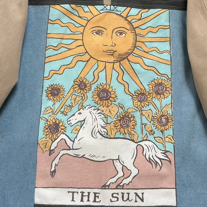 Patchwork Denim Jacket with Star and Sun Tarot Cards