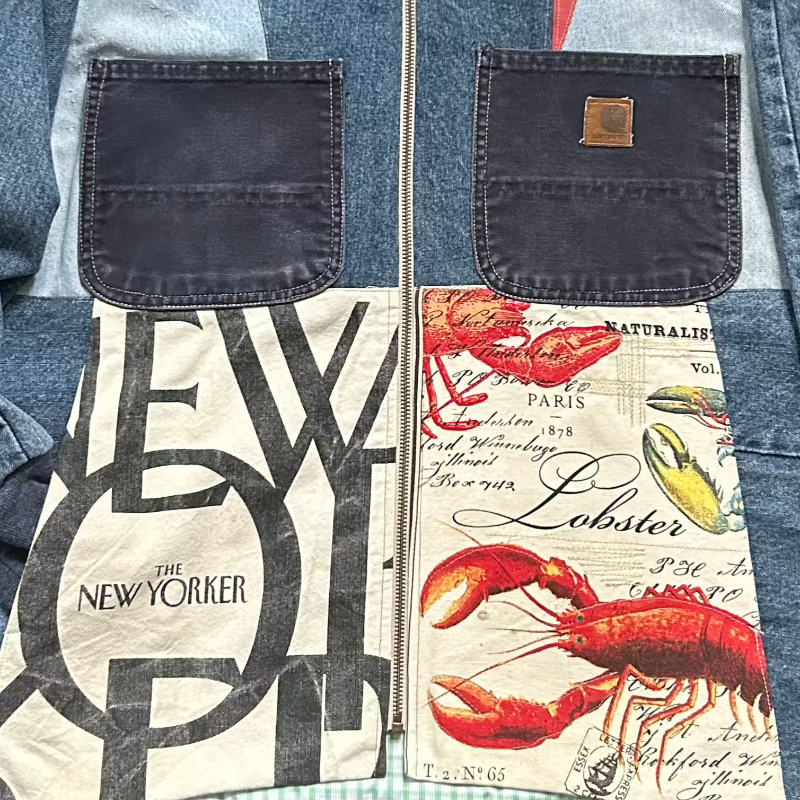 Patchwork Denim Jacket with New Yorker tote and Lobster Graphic