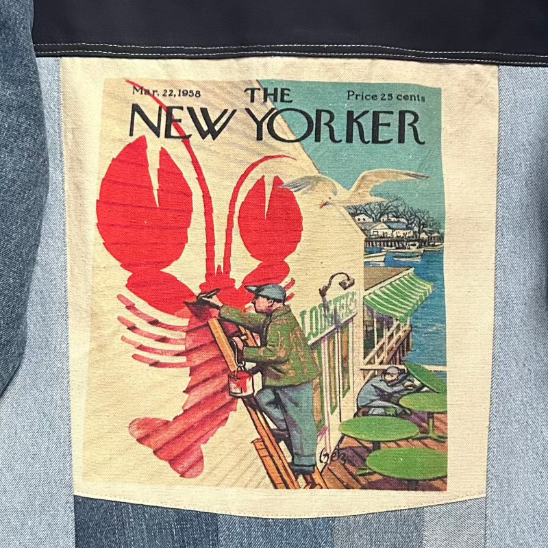 Patchwork Denim Jacket with New Yorker tote and Lobster Graphic