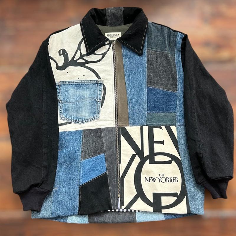 Patchwork Denim Jacket with Big Apple and Monster Graphics