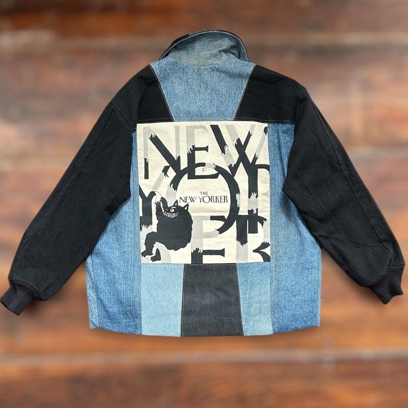 Patchwork Denim Jacket with Big Apple and Monster Graphics