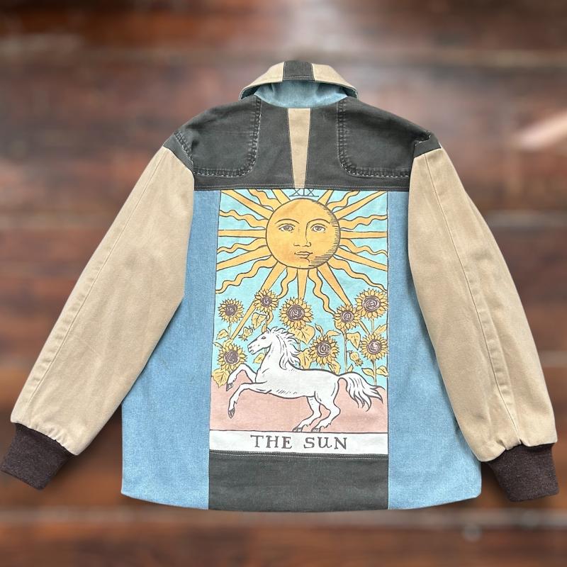 Patchwork Denim Jacket with Star and Sun Tarot Cards