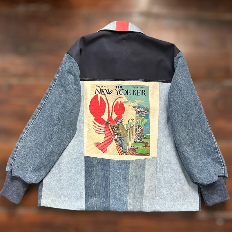 Patchwork Denim Jacket with New Yorker tote and Lobster Graphic