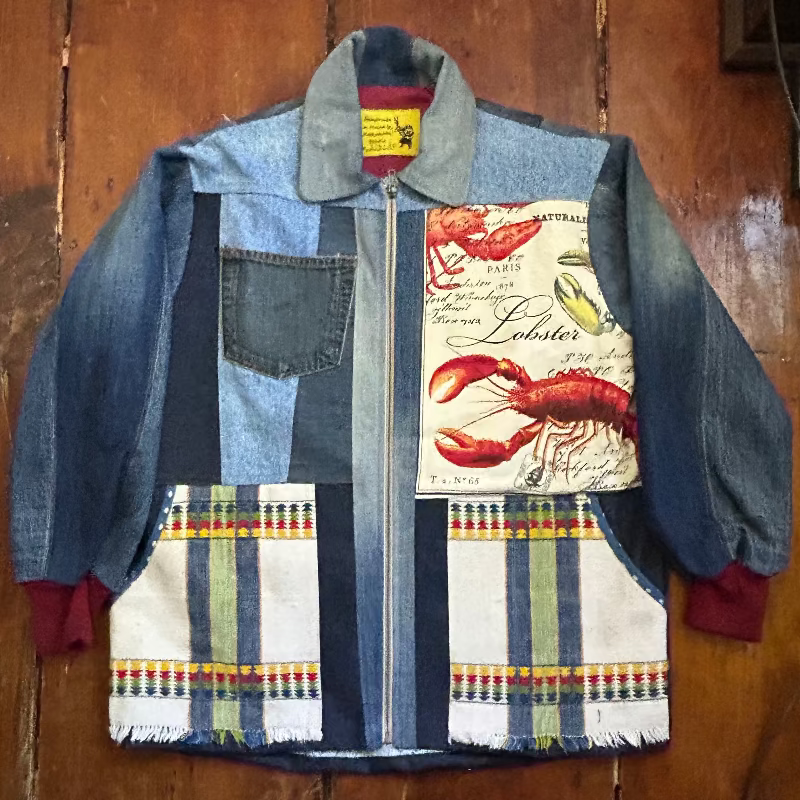 Patchwork Denim Jacket with Lobster and Lighthouse Graphics