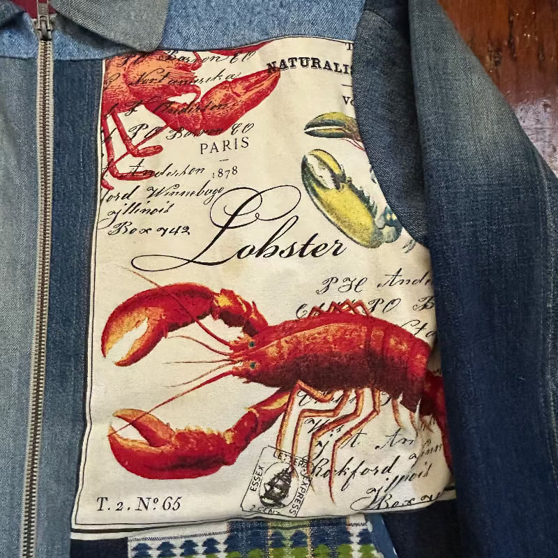 Patchwork Denim Jacket with Lobster and Lighthouse Graphics