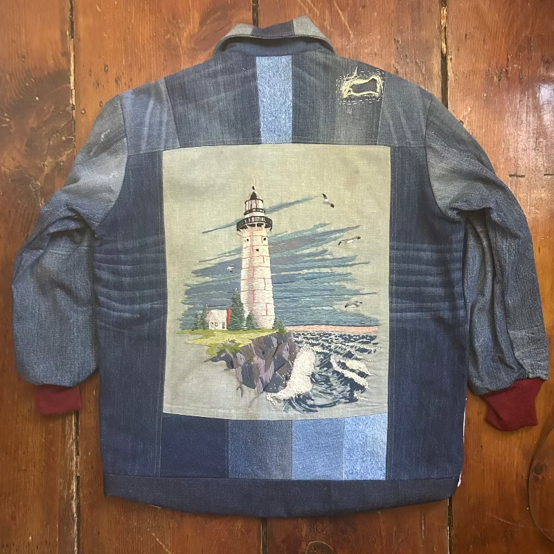 Patchwork Denim Jacket with Lobster and Lighthouse Graphics