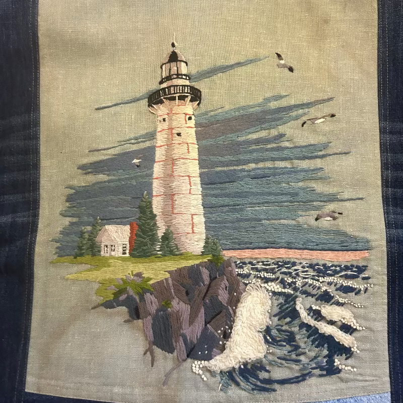 Patchwork Denim Jacket with Lobster and Lighthouse Graphics