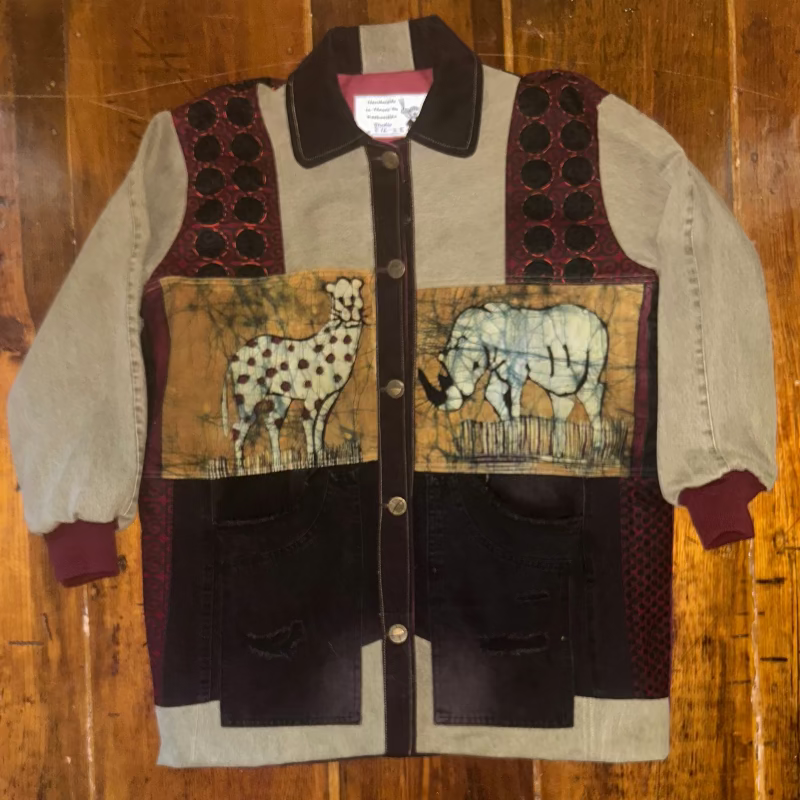 Patchwork Denim Jacket with Batik Animals and Cheetah lining