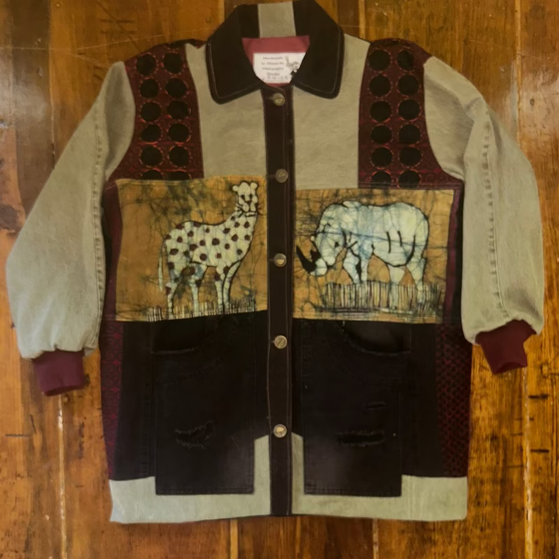 Patchwork Denim Jacket with Batik Animals and Cheetah lining
