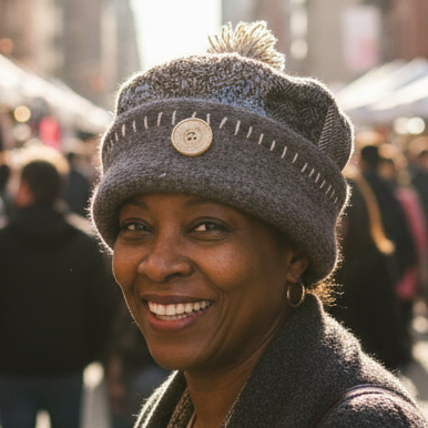 Textured beanie with patterned top and button on a white background